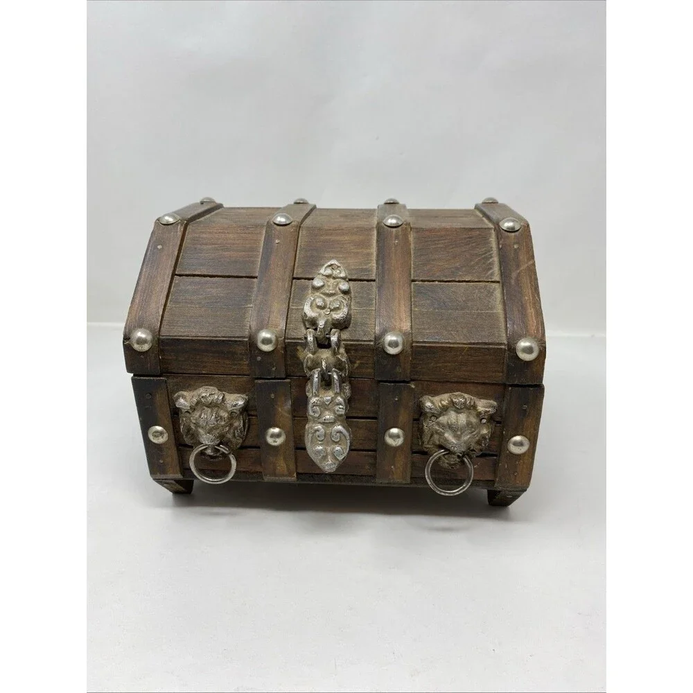 Vintage Wood Pirate Treasure Chest Jewelry Trinket Box Gothic Lion Heads